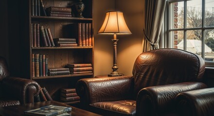 A modern library corner with a sofa and glowing lamp 