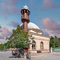 Unique architecture of Sazibey Ak Mosque. A small mosque located in Konya Culture Park, Turkey. The tranquil setting and intricate details attract those appreciating culture and history