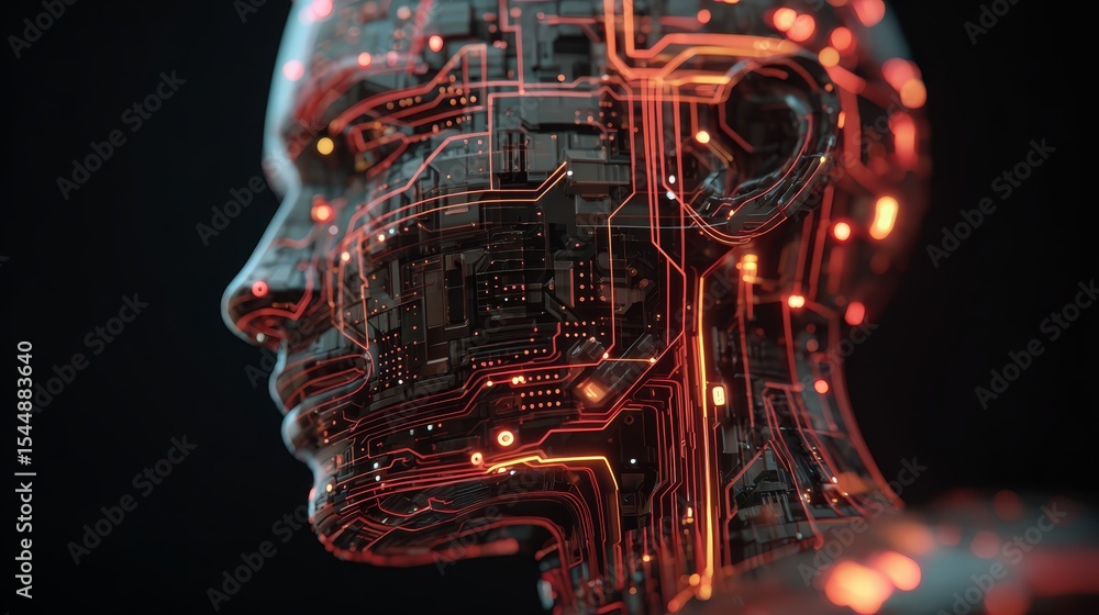 Poster intricate circuitry forms human head, exploring the intersection of artificial intelligence and cons