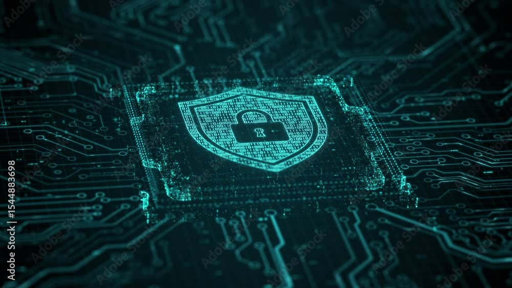 Poster security hologram virtual hud pin with shield and lock. concept of finance data privacy and smartpho