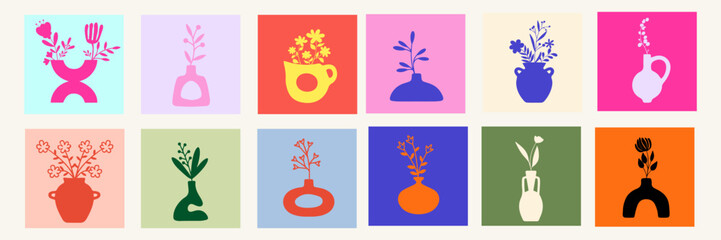 MPDERN vector set of abstract botanical elements, featuring stylized flower arrangements in various modern vases and jugs. 
