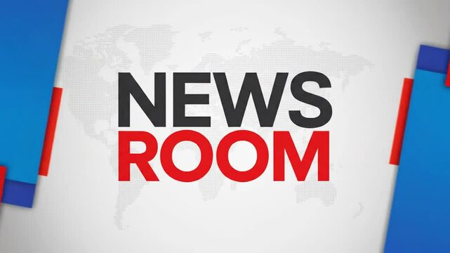 A newsroom graphic with red blue colors and text against white background