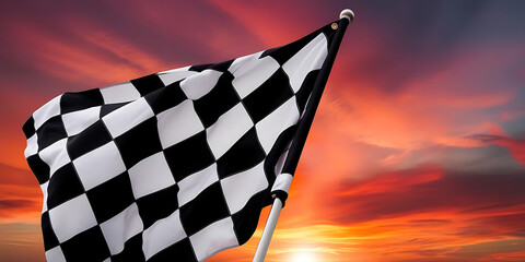 A checkered racing flag waves against a vibrant sunset