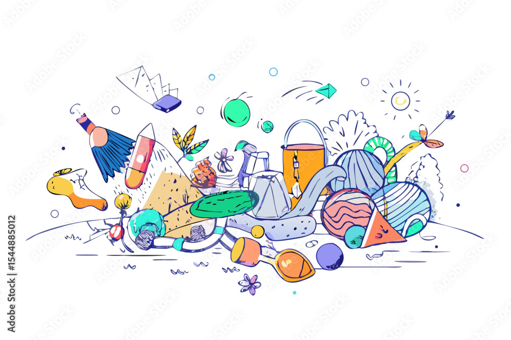 Poster abstract colorful doodle composition with various objects
