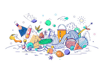 Abstract colorful doodle composition with various objects