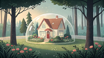 &ldquo;Nighttime Cottage in Rural Landscape Vector with Trees, Garden & Stars