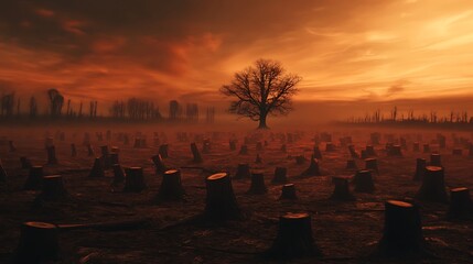 Dramatic Orange Sunset Over Deforested Landscape with Tree Stumps and Lone Tree