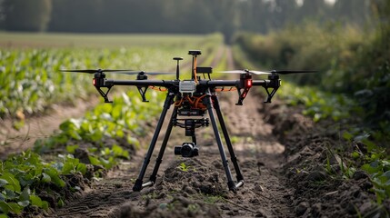 Agricultural drone with GPS antenna on a dirt path, ready for a survey mission