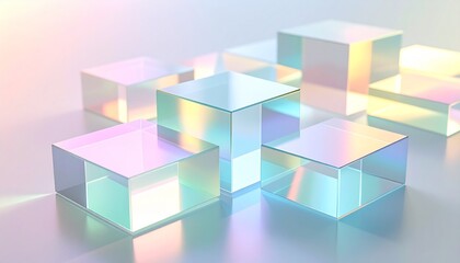 Obraz premium Floating geometric panels layered in translucent iridescent film, glowing with pastel hues against a soft neutral backdrop