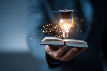 Concept of online education course or distance learning using wireless internet technology, businessman hand holding light bulb with book showing learning new things with graduation cap on virtual