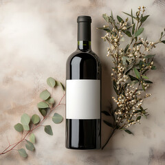 Red wine bottle mockup with blank label on neutral boho background with dried flowers.