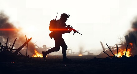 Fototapeta premium Armed soldier running across battlefield surrounded by fire and smoke