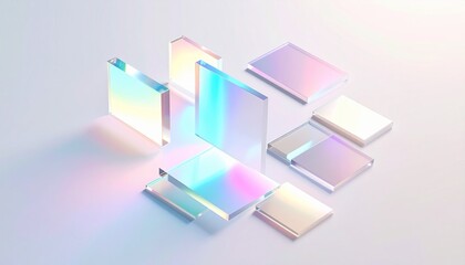 Floating geometric panels layered in translucent iridescent film, glowing with pastel hues against a soft neutral backdrop