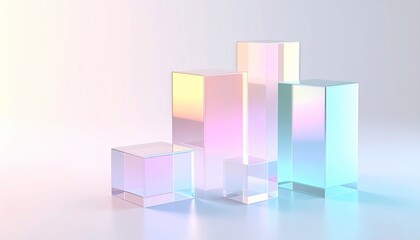 Floating geometric panels layered in translucent iridescent film, glowing with pastel hues against a soft neutral backdrop