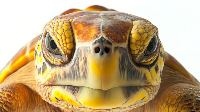 Close-up of a sea turtle face showing textured skin, beak-like mouth and eyes, brightly lit against a white background - Powered by Adobe
