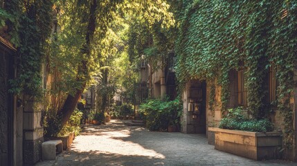 Obraz premium Charming brickpaved street, picturesque walkway between buildings explore