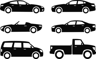 Naklejka premium Six Black Silhouettes of Various Vehicles sedan coupe