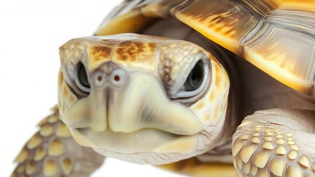 Close-up of a softshell turtle face with smooth textures, nostrils and eyes in focus, isolated on a white background