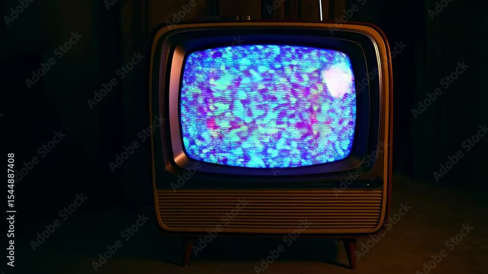 Poster retro television displaying colorful static and pixel glitches in vintage animated sequences