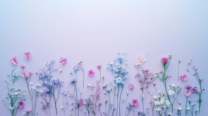 A greeting card design featuring a frame with vibrant flowers on a soft pastel purple background, suitable for holidays like Mother's Day, Easter, and Valentine's Day, with a springtime theme and