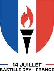 Torch flame icon over split French flag colors with 14 juillet bastille day France text underneath  