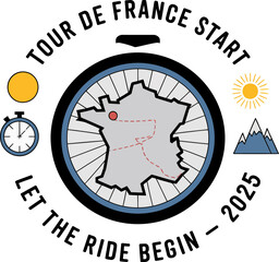 Outlined France route in circular bike wheel frame with compass icons and text tour de France start 2025  