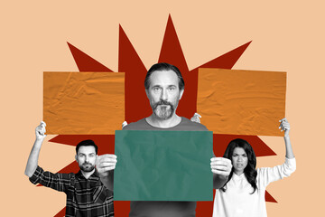 3D collage composite trend artwork sketch of aged man hold banner lady guy support vote democracy...