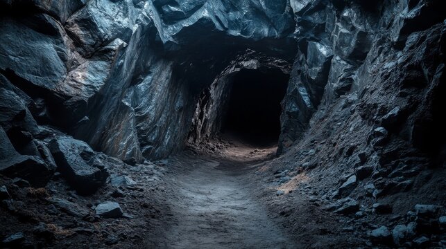 The entrance to a dark and mysterious cave, characterized by rough stone walls and a dirt path, leads into the blackness of a natural underground tunnel in a mountain landscape, evoking a sense of