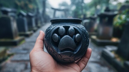 The image depicts a man clutching a black pet urn adorned with a paw print, set amidst a cemetery filled with tombstones and shrouded in fog, representing a pet funeral concept