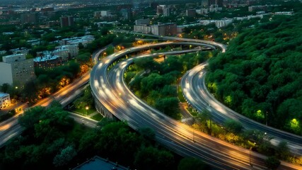 Dramatic cityscape at twilight with curving highways and lush green canopy