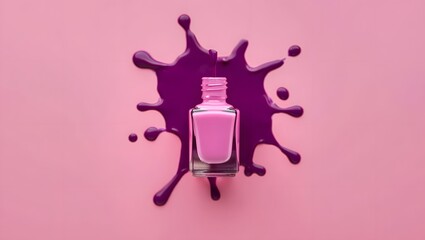 Spilled Lavender Nail Polish and Lipstick on Pink Background
