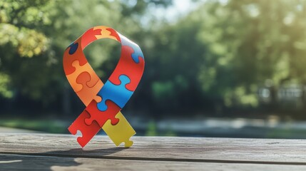 The concept of World Autism Awareness Day is symbolized by a multi-colored puzzle ribbon standing on a wooden table, embodying autism unity and support
