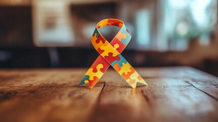 A wooden table holds a multi-colored puzzle ribbon, which serves as a symbol of unity and support for autism, related to World Autism Awareness Day concept footage