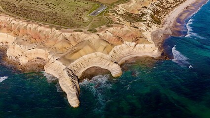 Blanche Point and Maslin Beach, South Australia: Aerial Drone Views Capturing Rugged Coastal Cliffs, Vibrant Sandstone Formations, Turquoise Waters, and Golden Sunset Glow Along the Fleurieu Peninsula