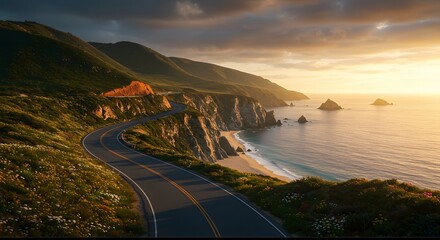 Winding Coastal Road at Sunset: Dramatic Landscape and Golden Light