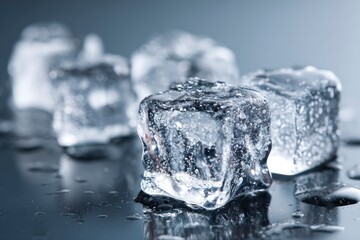 Obraz premium Several translucent ice cubes glisten against a grey reflective surface surrounded by droplets