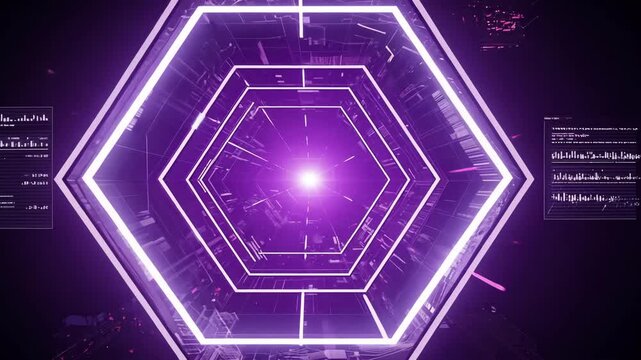 A glowing neon hexagonal tunnel with digital code, symbolizing futuristic technology, cyberspace, data flow, and virtual reality. - Powered by Adobe