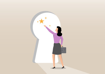 A businesswoman standing in front of a large glowing keyhole, reaching out to touch a shining star