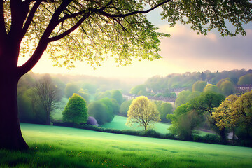 relaxing summer background with a soft, hazy view of rolling hills under a warm, golden summer sun.
