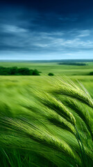 serene summer background with a blurred image of a grassy field under a clear blue sky with fluffy w