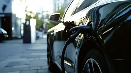 Naklejka premium Sophisticated Black Electric Vehicle Charging on Urban Street in Daylight