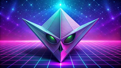 A futuristic, glowing geometric owl-like structure is set against a retro neon grid and starry cosmos, creating a captivating and surreal scene, evoking a sense of