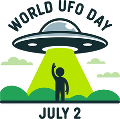 UFO abducting human under world ufo day july 2 banner in shaded landscape sci-fi logo illustration   © kdpprosolutions2015