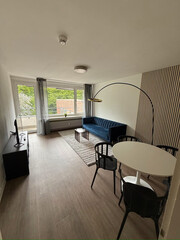 Modern living room interior with kitchen