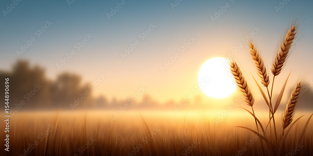Poster relaxing summer background with a soft, hazy view of a wheat field under a warm summer sun.