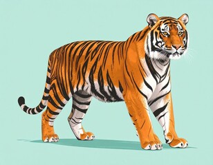 Obraz premium Majestic Bengal tiger standing detailed illustration orange and black stripes light teal background