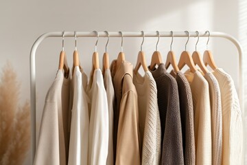 Capsule wardrobe rack with neutral clothes.