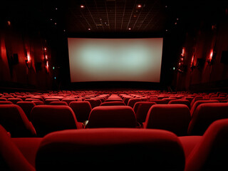 Fototapeta premium Modern cinema interior with rows of red seats and blank screen, low lighting, perfect for film or entertainment industry visuals.