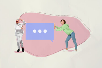 Composite pop trendy magazine photo collage of happy girl guy stand colorful communication icon chat dialogue phrase speech