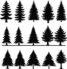 Silhouette of Evergreen Trees Set on White Background,Pine fir tree tall tree isolated premium vector image, black and white tree silhouettes,coniferous trees, pine trees,fir trees silhouettes set,Ai